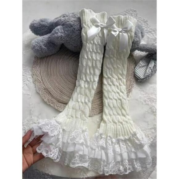 Women's Knit Leg Warmers Y2K Bow Lace Trim Knee High Leg Sleeve Socks - Picture 6 of 6